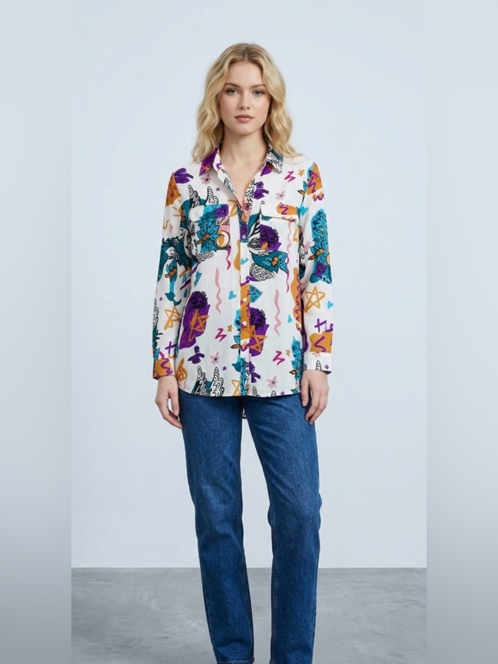 Milk and Honey Abstract Graffiti Print Button-Down – Vibrant art to wear size XL